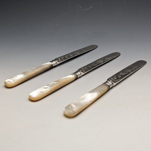 1880 British Antique Engraved White Pearl Handle Dessert Knife x3 Stokes & Ireland