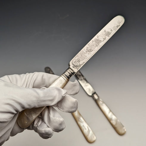 1880 British Antique Engraved White Pearl Handle Dessert Knife x3 Stokes & Ireland