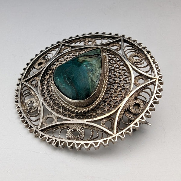 British Vintage Greenstone & Filigree Silver Brooch