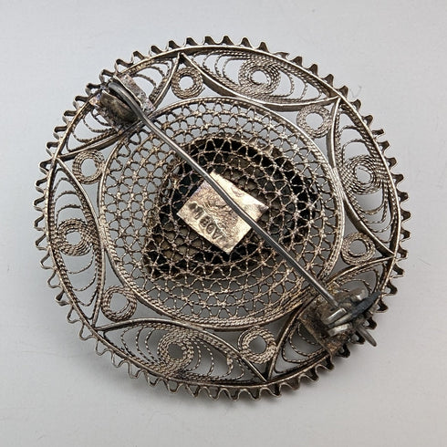 英国ヴィンテージ グリーンストーン&フィリグリー シルバーブローチ