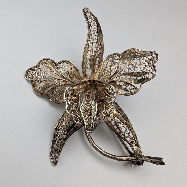 British Vintage Filigree Cattleya Silver Brooch