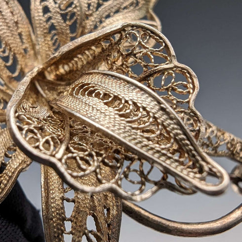 British Vintage Filigree Cattleya Silver Brooch