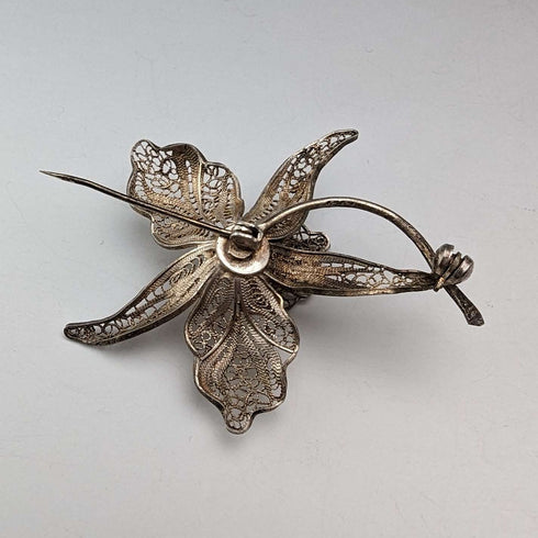 British Vintage Filigree Cattleya Silver Brooch