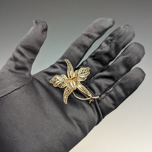 英国ヴィンテージ フィリグリー カトレヤ シルバーブローチ