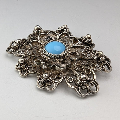 British Vintage Bluestone & Filigree Silver Brooch