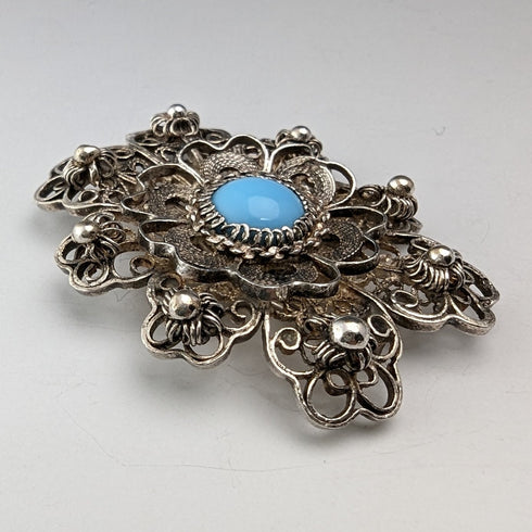 British Vintage Bluestone & Filigree Silver Brooch