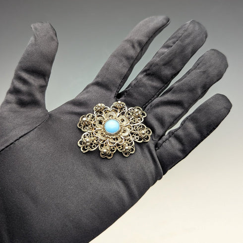 British Vintage Bluestone & Filigree Silver Brooch