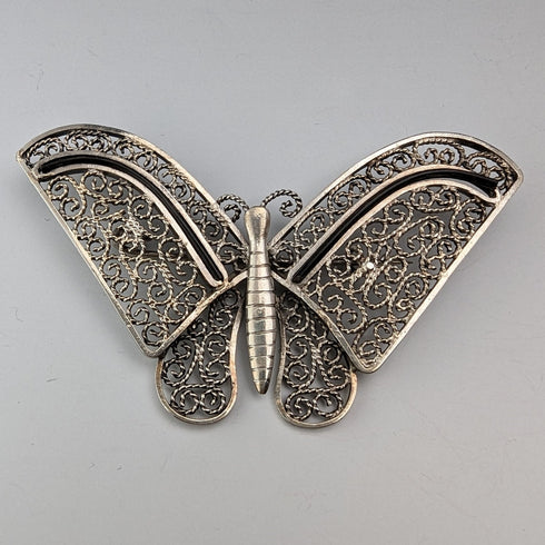 British Vintage Filigree Butterfly Silver Brooch 1