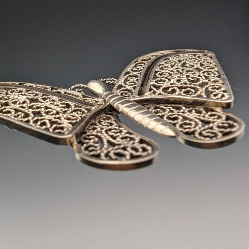 British Vintage Filigree Butterfly Silver Brooch 1