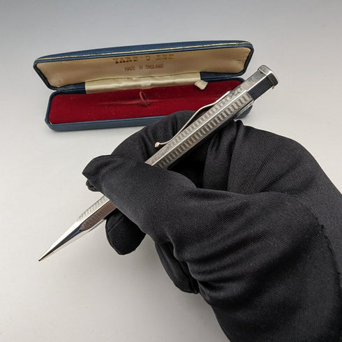 British Vintage Yard O' Red Rolled Silver Hexagon Propelled Pencil in Case