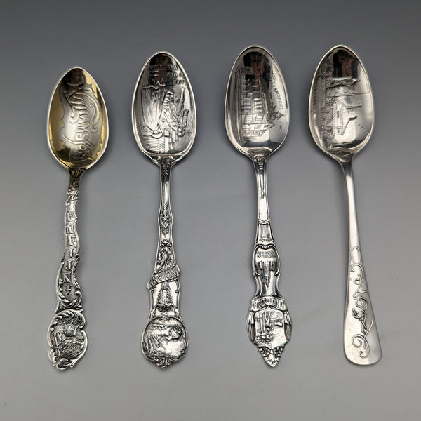 Around 1900 US Antique Sterling Silver Souvenir Spoon x4 Dessert Spoon Size