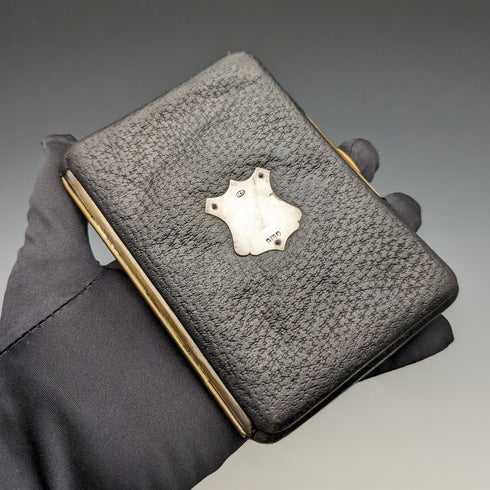 1910年 英国アンティーク 純銀装飾 ブラックレザーウォレット M Chapman