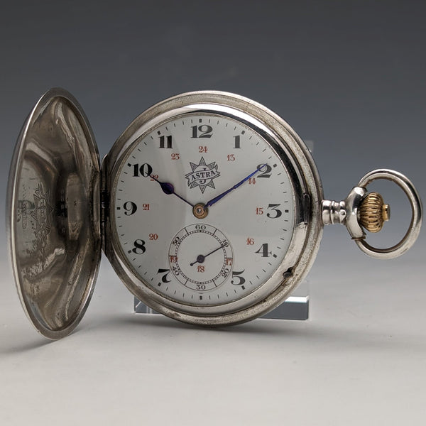 Around 1910 Antique German Junghans Pocket Watch ASTRA Silver Side Hunter Good working condition