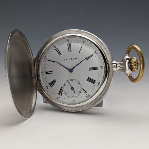 Circa 1912 Antique Zenith pocket watch engraved silver side hunter in good working order