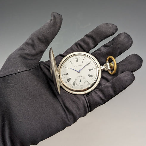Circa 1912 Antique Zenith pocket watch engraved silver side hunter in good working order