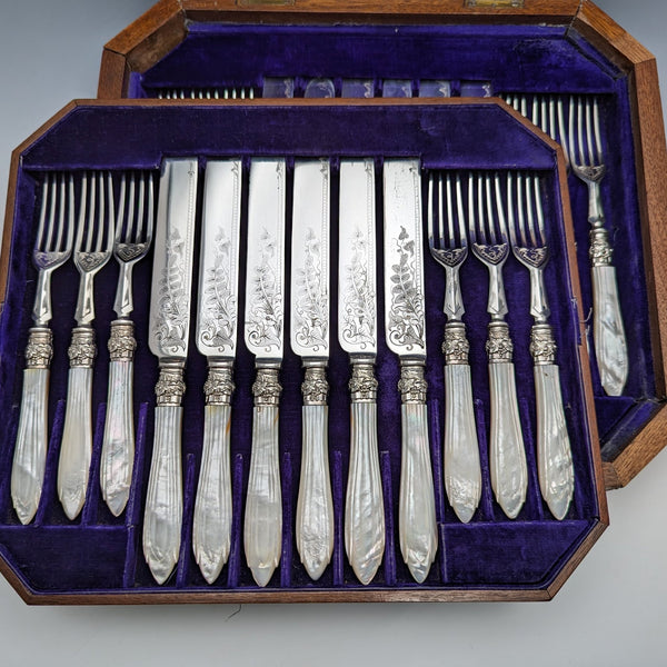 Circa 1860 British Antique White Pearl Handle Cutlery 12 Pair Set Walker & Hall