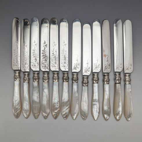 1860年頃 英国アンティーク 白蝶貝ハンドル カトラリー12ペアセット Walker & Hall