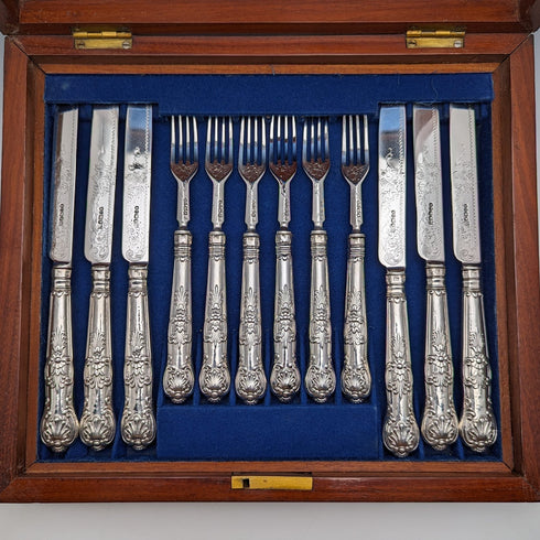 1862 British Antique Sterling Silver Dessert Cutlery 6 Pair Set Total 467g Martin & Hall Wooden Box