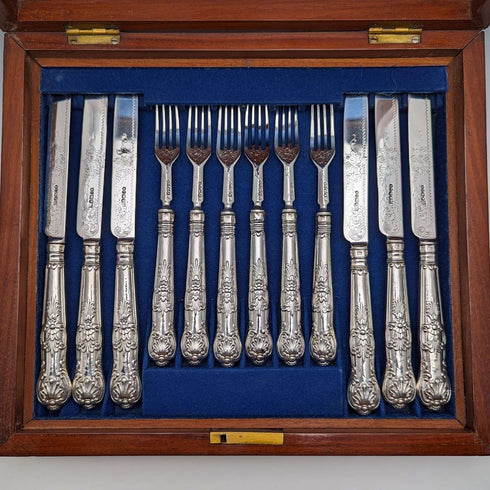 1862年 英国アンティーク 総純銀製 デザートカトラリー 6ペアセット 計467g Martin & Hall 木箱入り