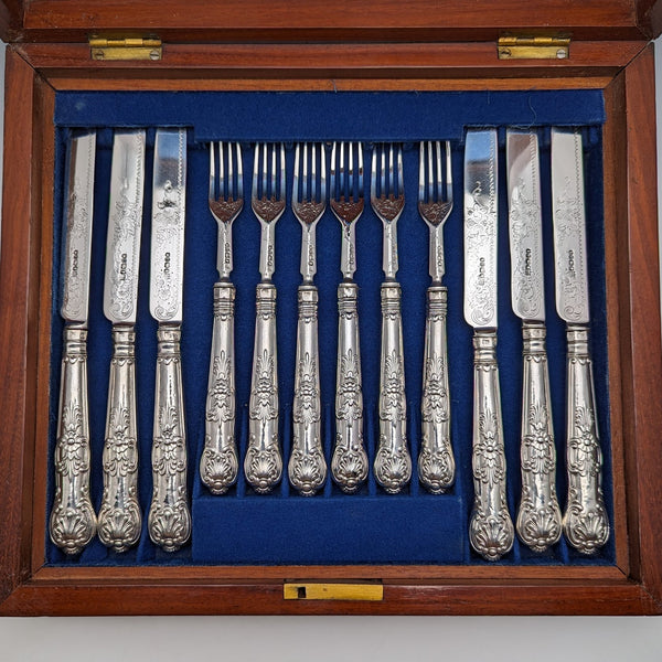 1862 British Antique Sterling Silver Dessert Cutlery 6 Pair Set Total 467g Martin & Hall Wooden Box