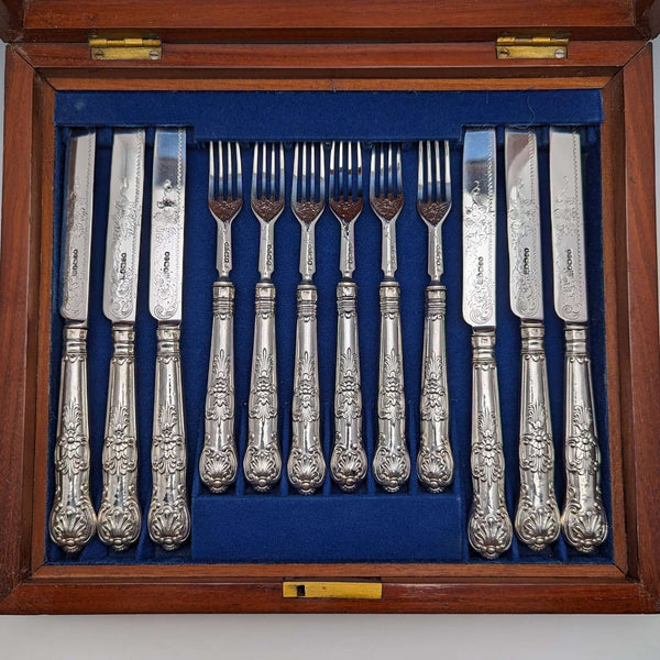 1862年 英国アンティーク 総純銀製 デザートカトラリー 6ペアセット 計467g Martin & Hall 木箱入り