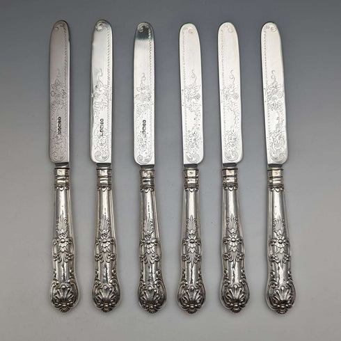 1862年 英国アンティーク 総純銀製 デザートカトラリー 6ペアセット 計467g Martin & Hall 木箱入り
