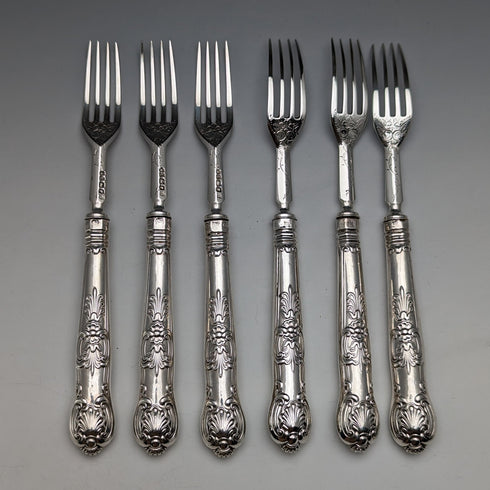 1862 British Antique Sterling Silver Dessert Cutlery 6 Pair Set Total 467g Martin & Hall Wooden Box