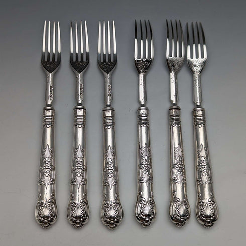 1862年 英国アンティーク 総純銀製 デザートカトラリー 6ペアセット 計467g Martin & Hall 木箱入り