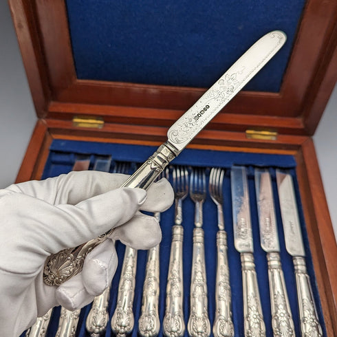 1862 British Antique Sterling Silver Dessert Cutlery 6 Pair Set Total 467g Martin & Hall Wooden Box