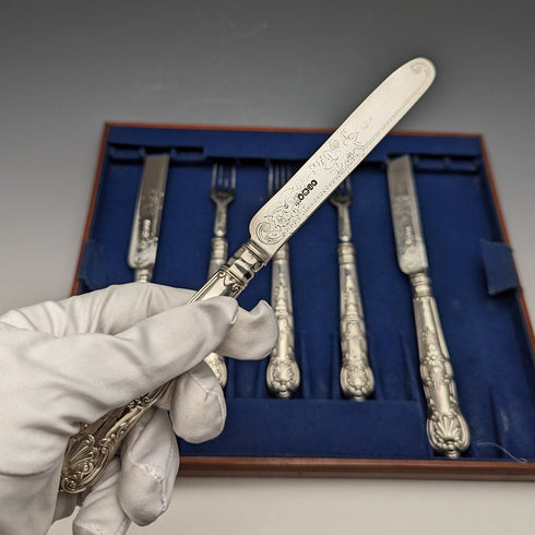 1862 British Antique Sterling Silver Dessert Cutlery 3 Pair Set Total 233g Martin & Hall Tray Included