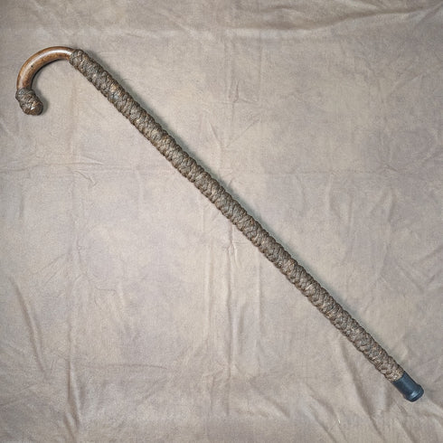英国ヴィンテージ 紳士用ステッキ 麻紐巻き曲がりハンドル 極太ブラウンシャフト 90cm