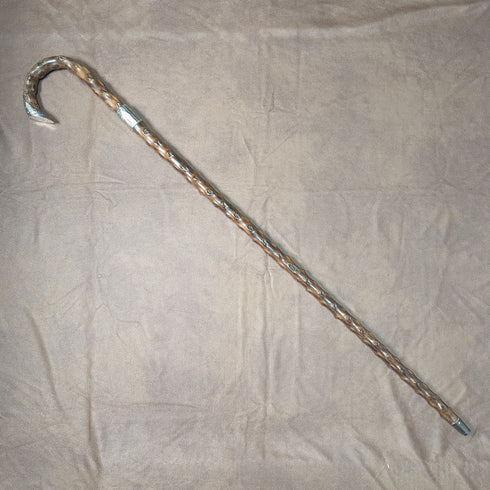 1900年 英国アンティーク 紳士用ステッキ 曲がりハンドル 純銀装飾 ブラウンシャフト 90cm