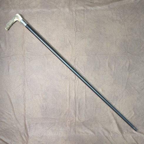1890年 英国アンティーク 紳士用ステッキ L字アントラーハンドル 純銀装飾 ブラックシャフト 91cm