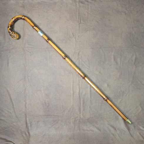 1926 British Vintage Men's Cane, Curved Handle, Sterling Silver Decoration, Bamboo Shaft, 82cm