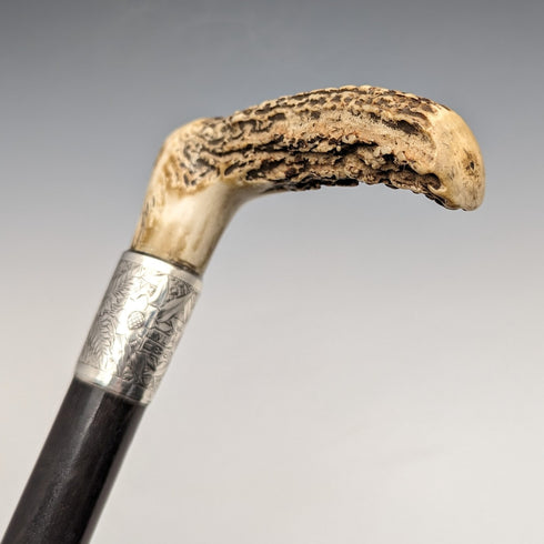 1890年 英国アンティーク 紳士用ステッキ L字アントラーハンドル 純銀装飾 ブラックシャフト 91cm