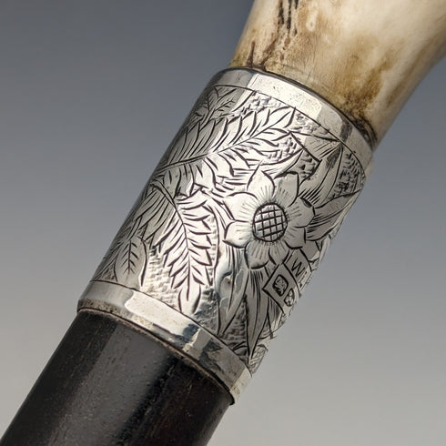 1890年 英国アンティーク 紳士用ステッキ L字アントラーハンドル 純銀装飾 ブラックシャフト 91cm