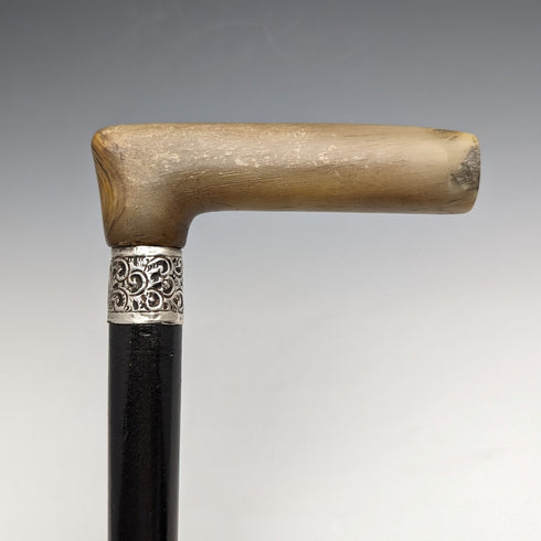 英国アンティーク 紳士用ステッキ L字ホーンハンドル 純銀装飾 ブラックシャフト 91cm