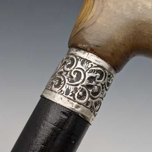 英国アンティーク 紳士用ステッキ L字ホーンハンドル 純銀装飾 ブラックシャフト 91cm