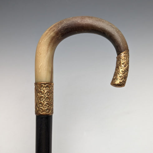 Circa 1914 British Antique Men's Cane Horn Bent Handle Black Shaft 85cm