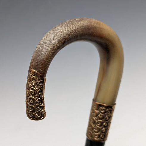 Circa 1914 British Antique Men's Cane Horn Bent Handle Black Shaft 85cm