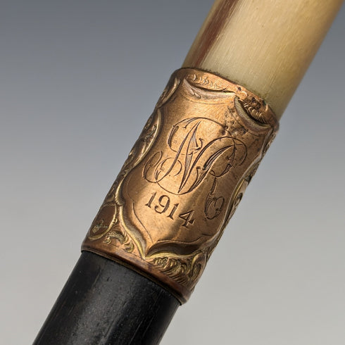 Circa 1914 British Antique Men's Cane Horn Bent Handle Black Shaft 85cm