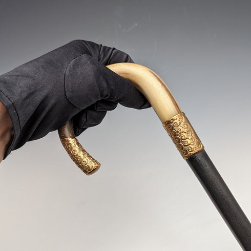 Circa 1914 British Antique Men's Cane Horn Bent Handle Black Shaft 85cm