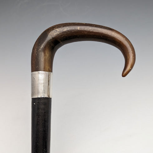 1907年 英国アンティーク 紳士用ステッキ ホーンハンドル 純銀装飾 ブラックシャフト 88cm