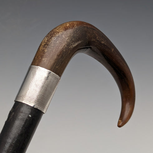 1907年 英国アンティーク 紳士用ステッキ ホーンハンドル 純銀装飾 ブラックシャフト 88cm