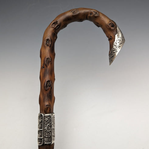 1900年 英国アンティーク 紳士用ステッキ 曲がりハンドル 純銀装飾 ブラウンシャフト 90cm