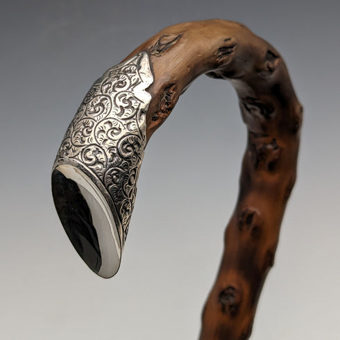 1900年 英国アンティーク 紳士用ステッキ 曲がりハンドル 純銀装飾 ブラウンシャフト 90cm