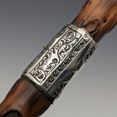 1900年 英国アンティーク 紳士用ステッキ 曲がりハンドル 純銀装飾 ブラウンシャフト 90cm