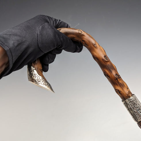 1900年 英国アンティーク 紳士用ステッキ 曲がりハンドル 純銀装飾 ブラウンシャフト 90cm