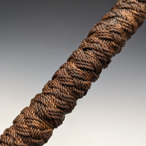 英国ヴィンテージ 紳士用ステッキ 麻紐巻き曲がりハンドル 極太ブラウンシャフト 90cm