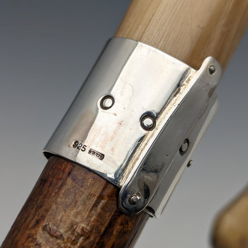 British Vintage Men's Cane, Horn Bent Handle, Sterling Silver Decoration, Hazel Wood Shaft, 92cm
